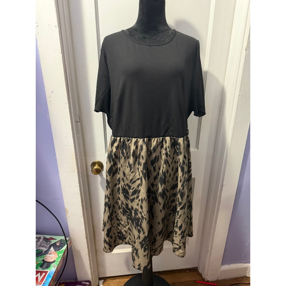 SHEIN Curve Black Leopard Short Sleeve Dress 4X Animal Print Mixed Media